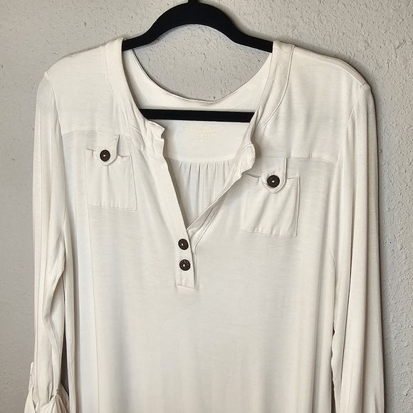 Soft Surroundings Rolled Sleeve Womens Tunic Shirt L Large V Neck Buttons White - Picture 4 of 12